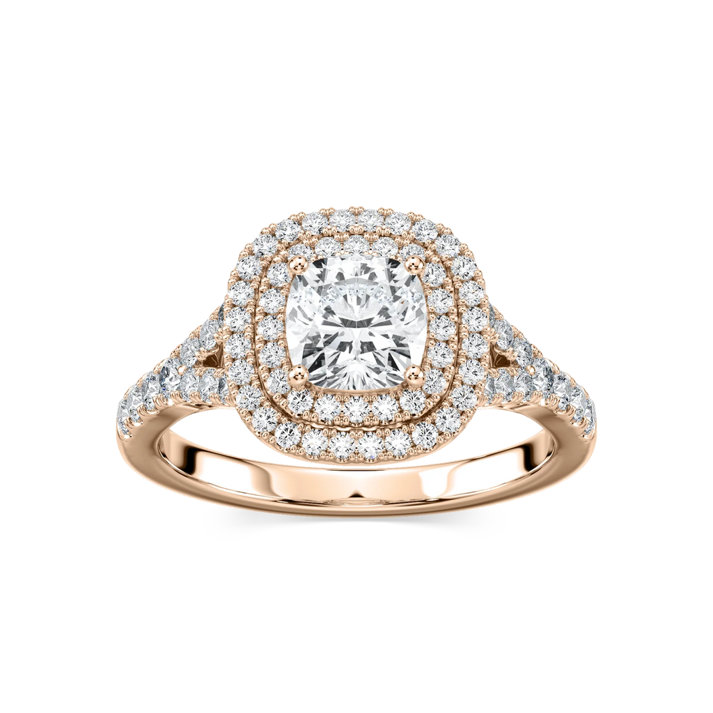 Novia Cushion LGD Split Shank Double Halo Engagement Ring - 14K Rose Gold