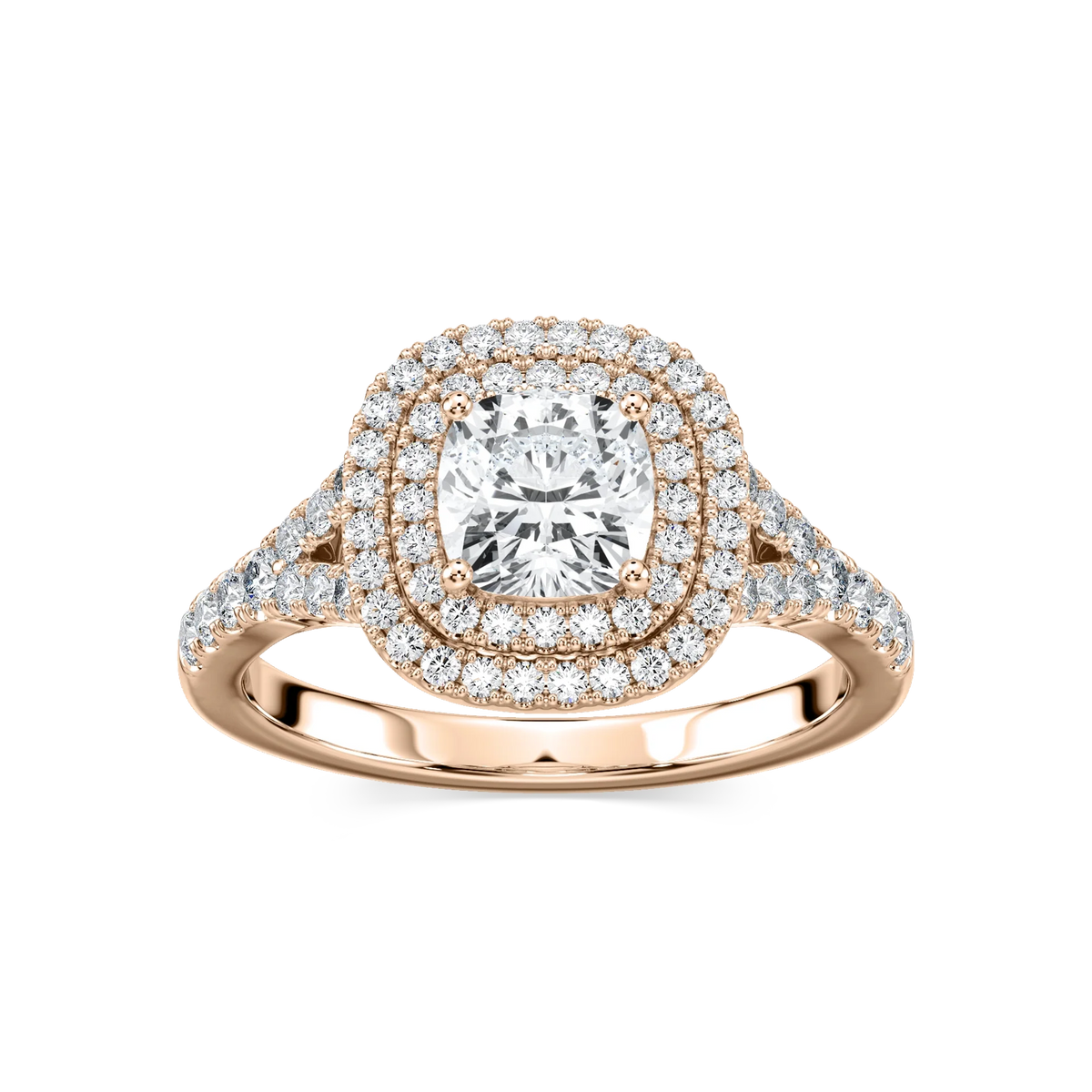 Novia Cushion LGD Split Shank Double Halo Engagement Ring - 14K Rose Gold