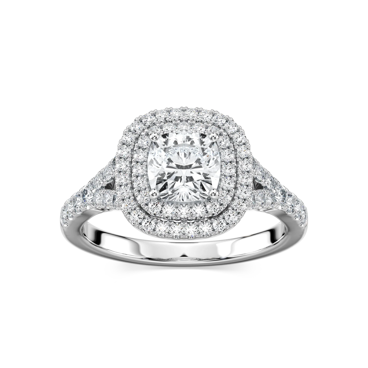Novia Cushion LGD Split Shank Double Halo Engagement Ring - Platinum