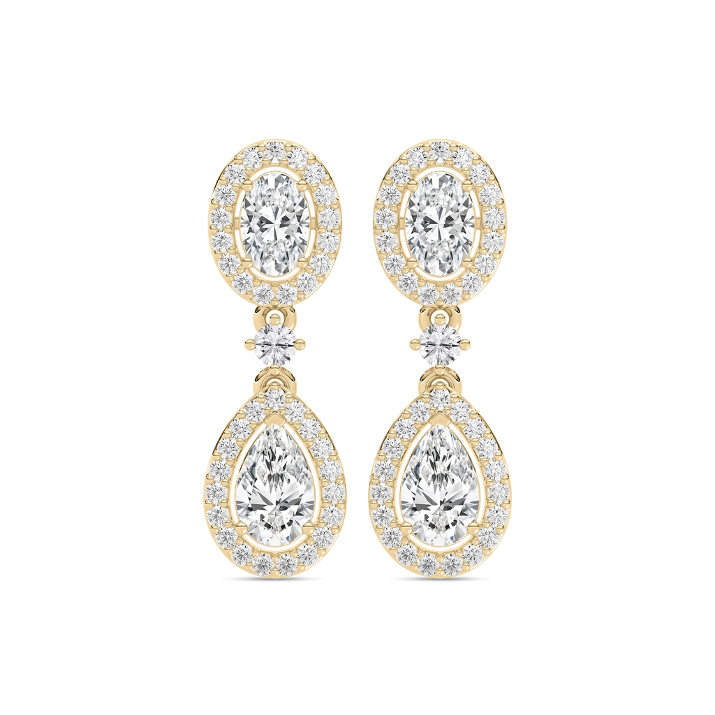 2 ³/₄ ctw Oval and Pear LGD Double Halo Drop Earrings - 14K Yellow Gold