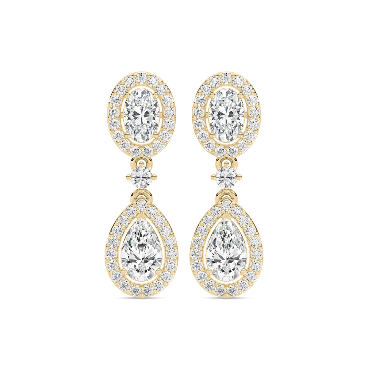 2 ³/₄ ctw Oval and Pear LGD Double Halo Drop Earrings - 14K Yellow Gold