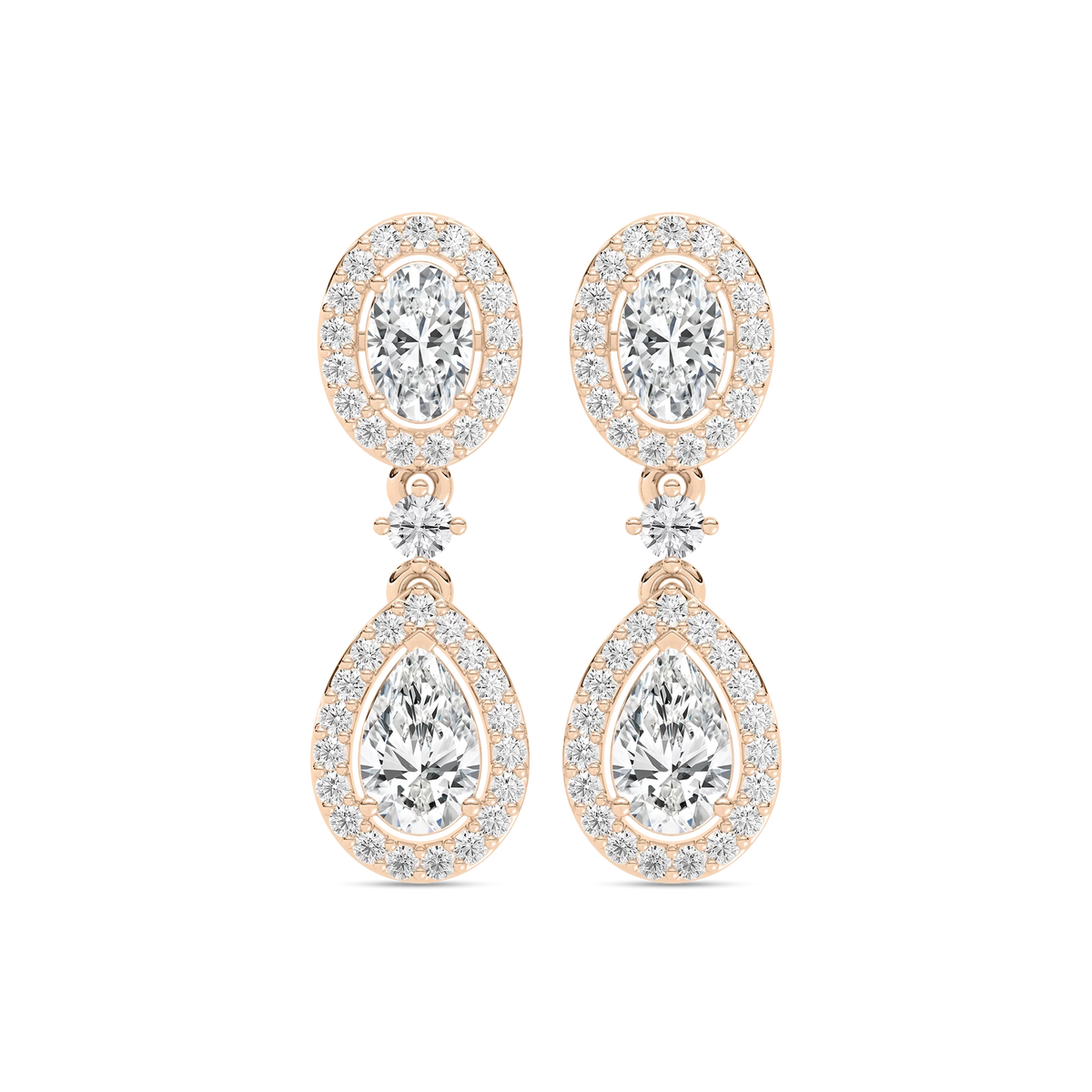 2 ³/₄ ctw Oval and Pear LGD Double Halo Drop Earrings - 14K Rose Gold