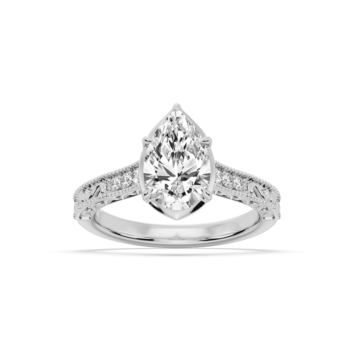 Paige Pear LGD Vintage Bezel and Scroll Side Stone Engagement Ring - 14K White Gold / 5 ctw