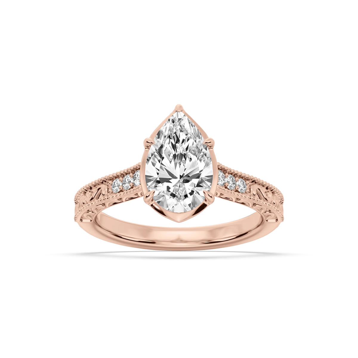 Paige Pear LGD Vintage Bezel and Scroll Side Stone Engagement Ring - 14K Rose Gold / 5 ctw