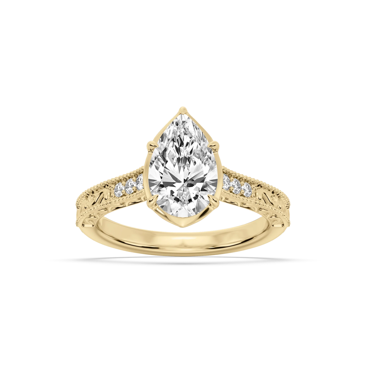 Paige Pear LGD Vintage Bezel and Scroll Side Stone Engagement Ring - 18K Yellow Gold / 3 ctw