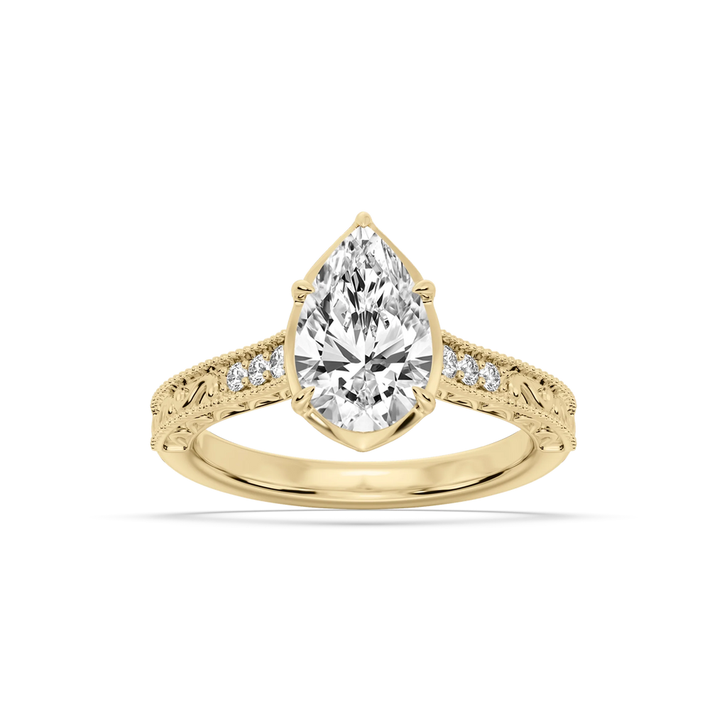 Paige Pear LGD Vintage Bezel and Scroll Side Stone Engagement Ring - 18K Yellow Gold / 4 ctw