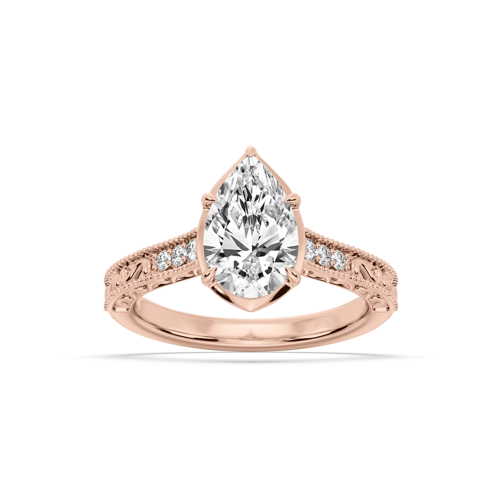 Paige Pear LGD Vintage Bezel and Scroll Side Stone Engagement Ring - 18K Rose Gold / 3 ctw
