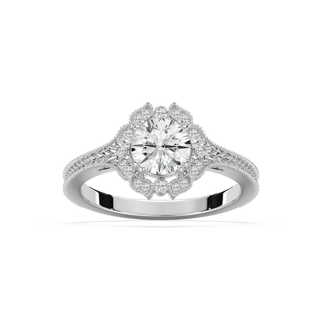 Dottie Round LGD Milgrain Vintage Halo Engagement Ring - 18K White Gold