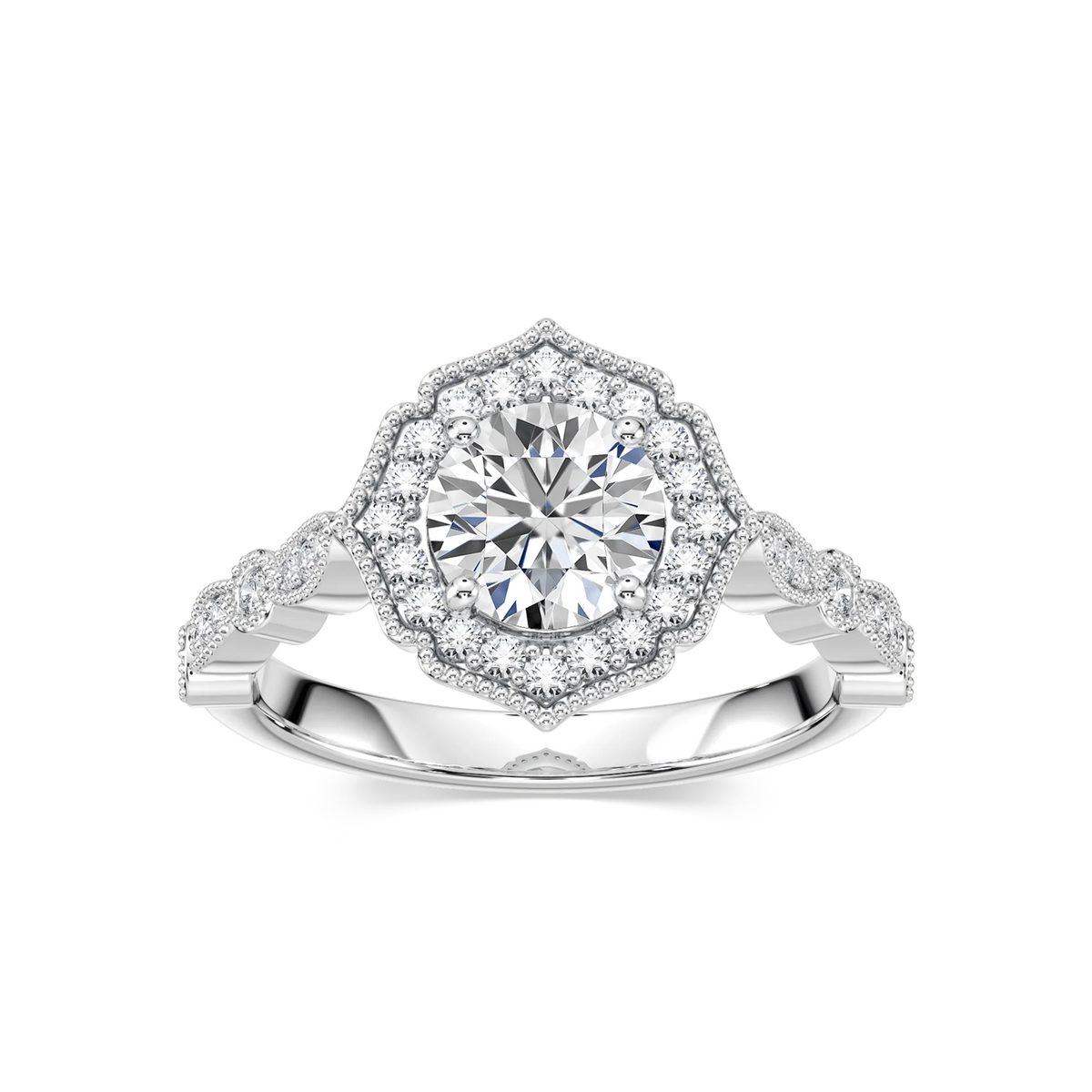Paris LGD Vintage Milgrain Halo Engagement Ring - 18K White Gold