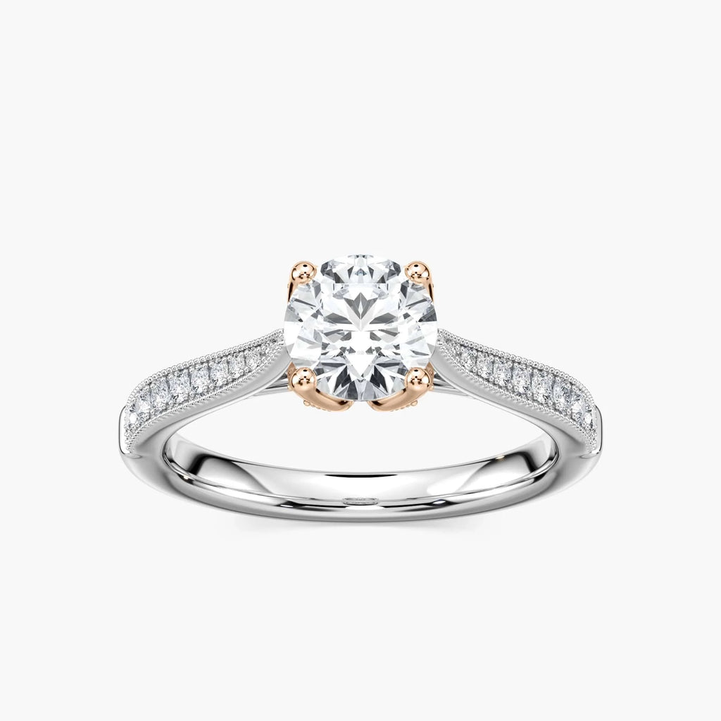Quimby Round LGD Milgrain Tulip Side Stone Engagement Ring - Two-Tone 14K White Gold and 14K Rose Gold