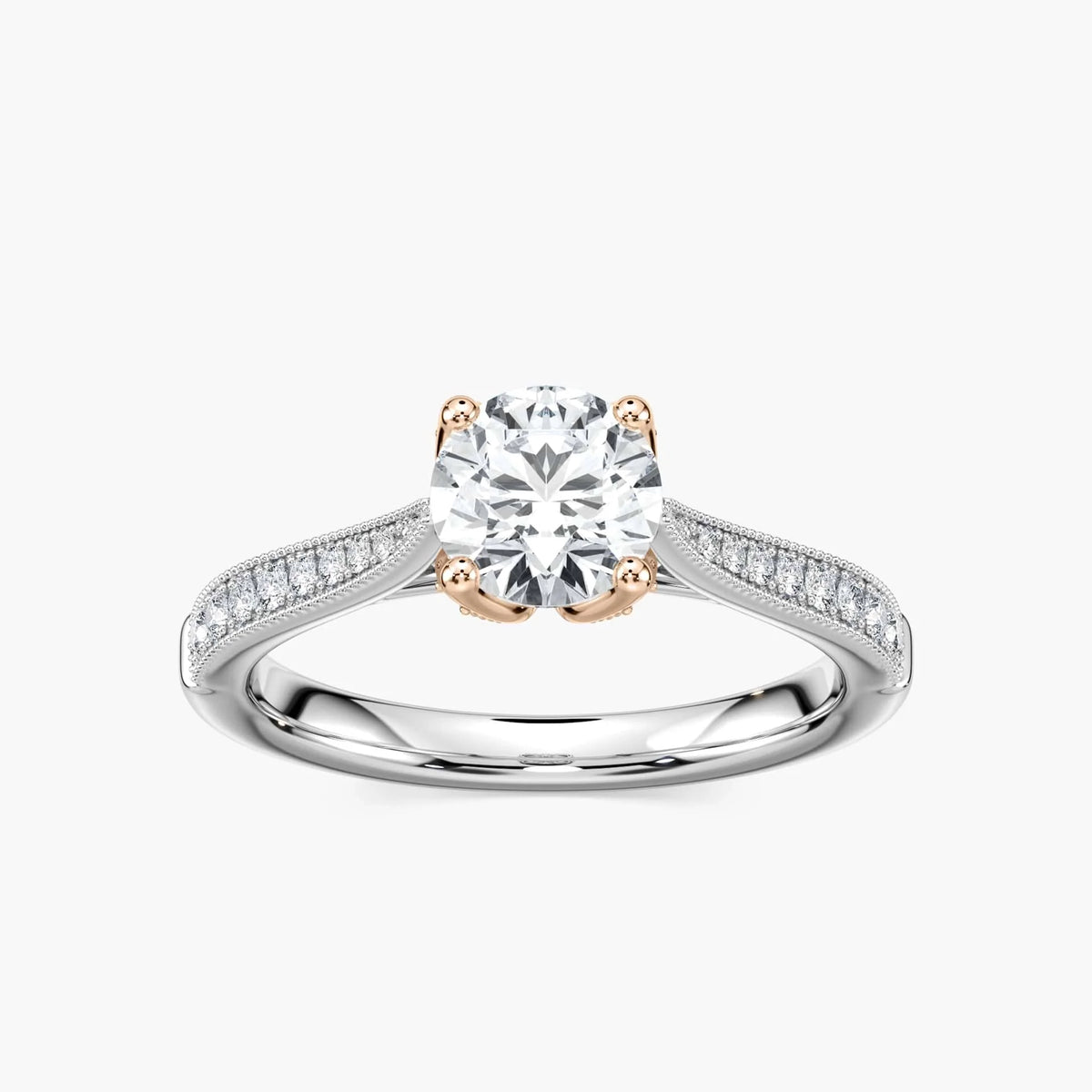 Quimby Round LGD Milgrain Tulip Side Stone Engagement Ring - Two-Tone 14K White Gold and 14K Rose Gold