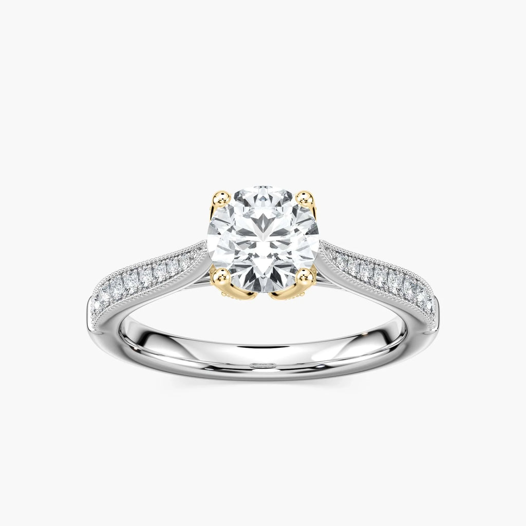 Quimby Round LGD Milgrain Tulip Side Stone Engagement Ring - Two-Tone 14K White Gold and 14K Yellow Gold