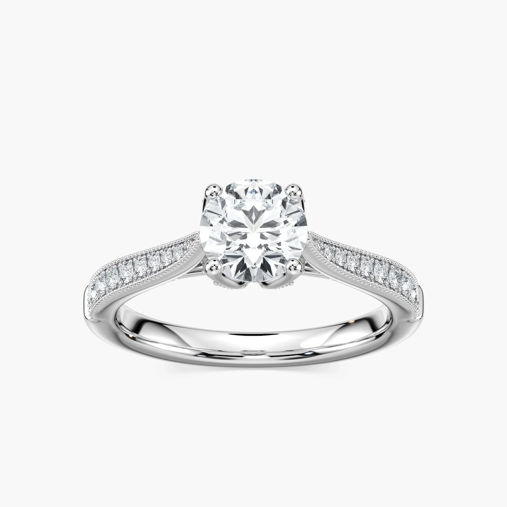 Quimby Round LGD Milgrain Tulip Side Stone Engagement Ring - 14K White Gold
