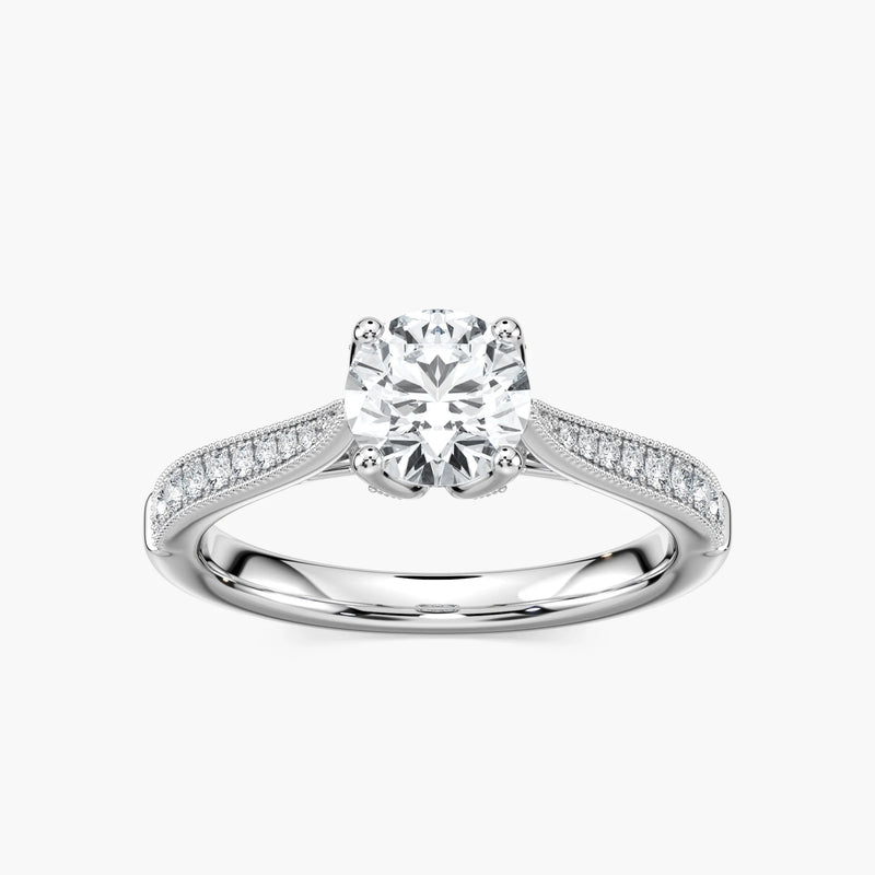 Quimby Round LGD Milgrain Tulip Side Stone Engagement Ring - 14K White Gold