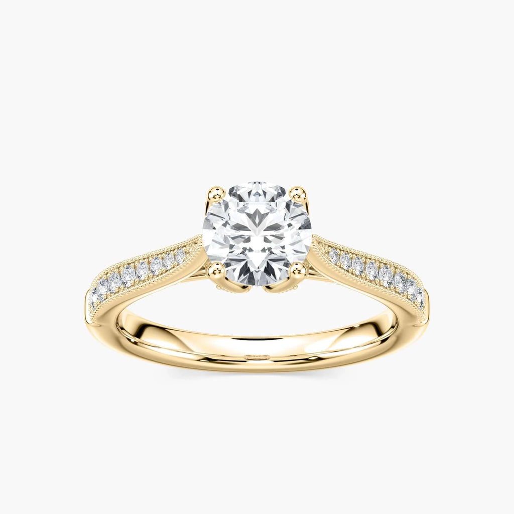 Quimby Round LGD Milgrain Tulip Side Stone Engagement Ring - 18K Yellow Gold