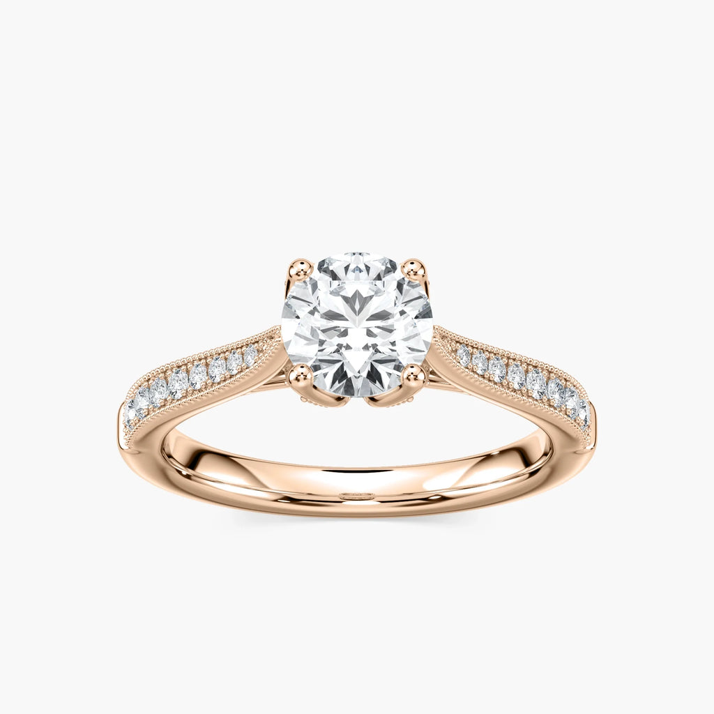 Quimby Round LGD Milgrain Tulip Side Stone Engagement Ring - 18K Rose Gold