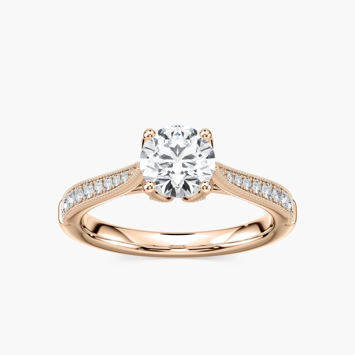 Quimby Round LGD Milgrain Tulip Side Stone Engagement Ring - 18K Rose Gold
