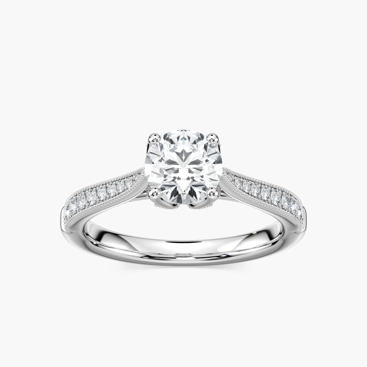 Quimby Round LGD Milgrain Tulip Side Stone Engagement Ring - Platinum