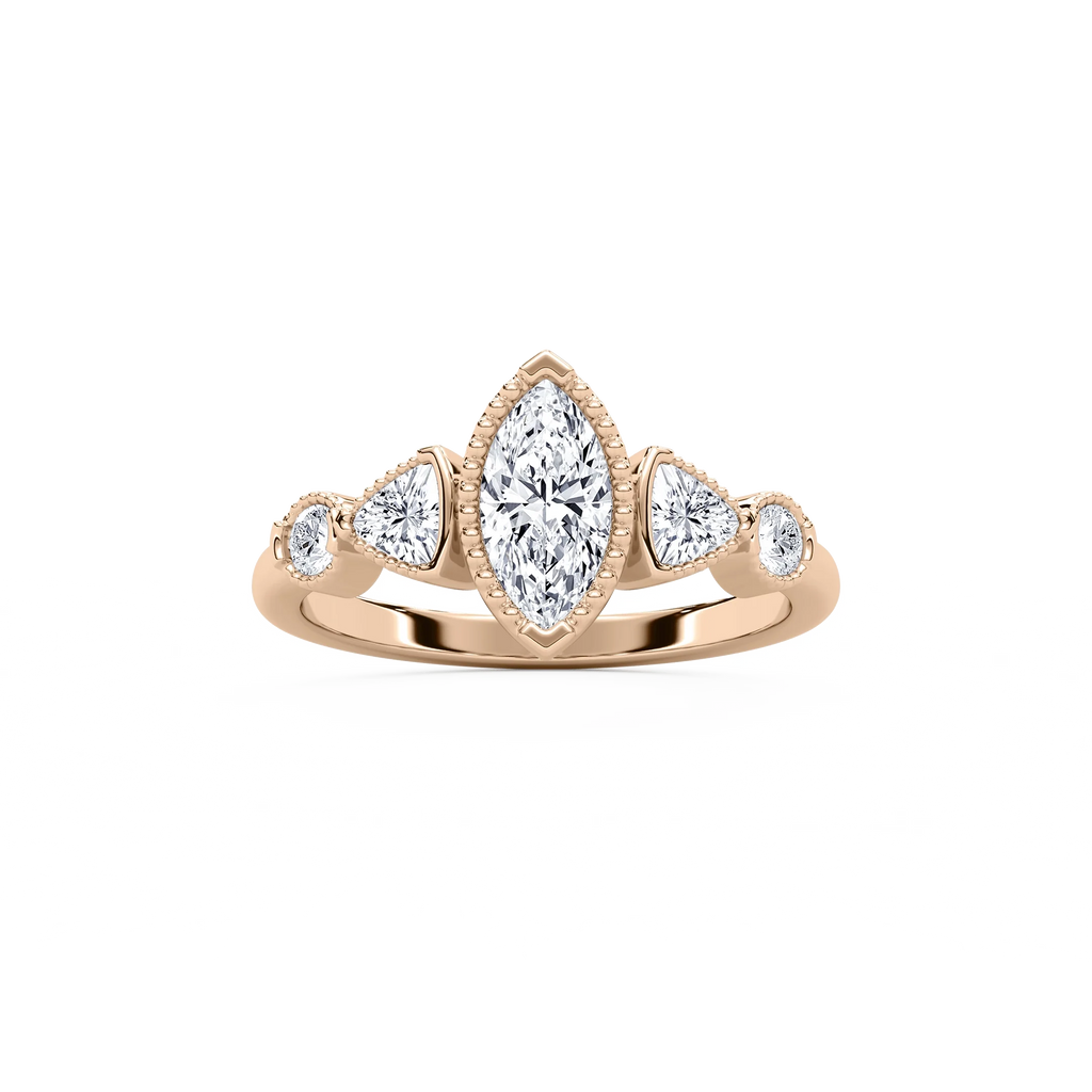 Quinn 1 ¹⁄₄ ctw Marquise LGD Textured Bezel Side Stone Promise Ring - 14K Rose Gold
