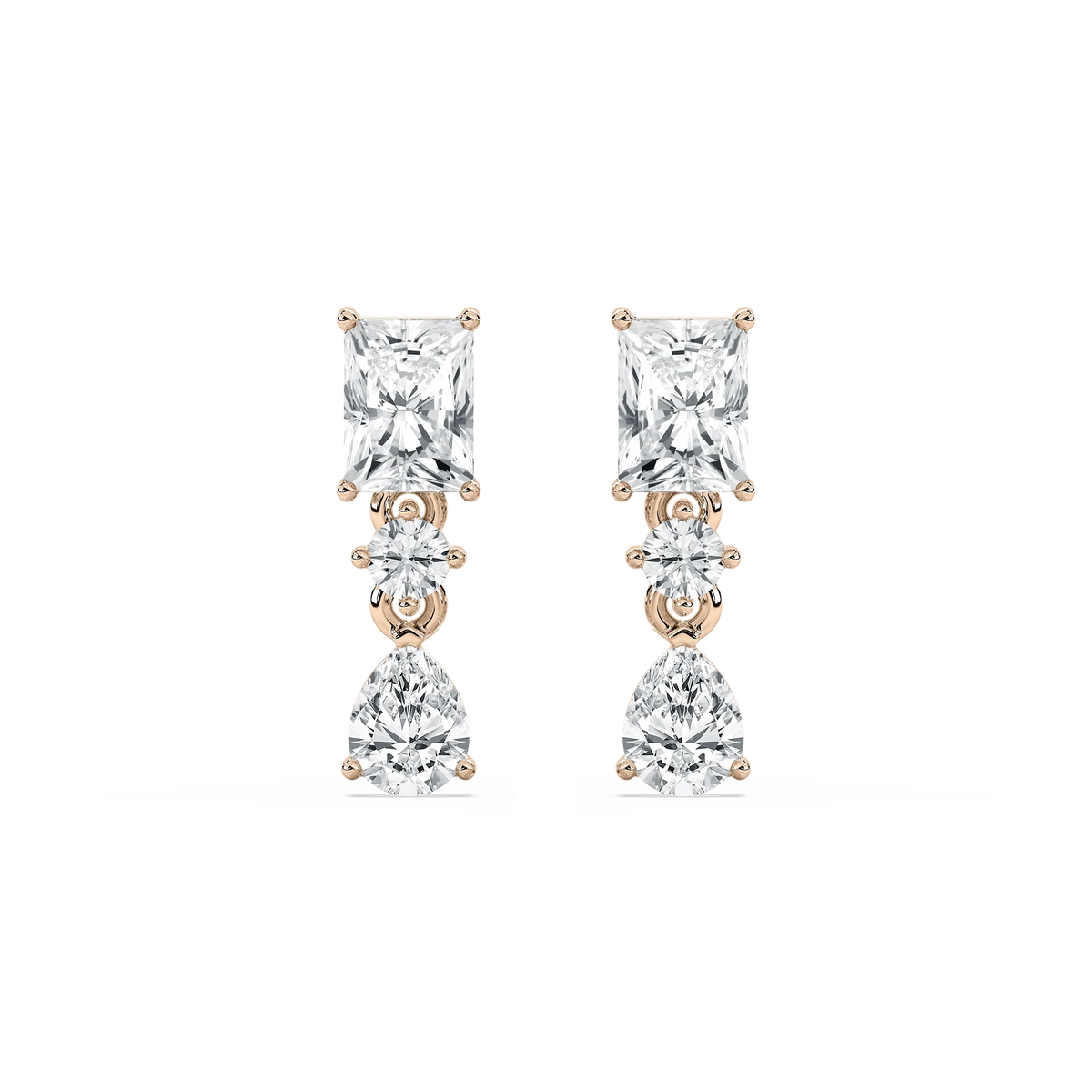 1 3/4 ctw Radiant, Pear, and Round LGD Drop Earrings - 14K Rose Gold / F-VS2
