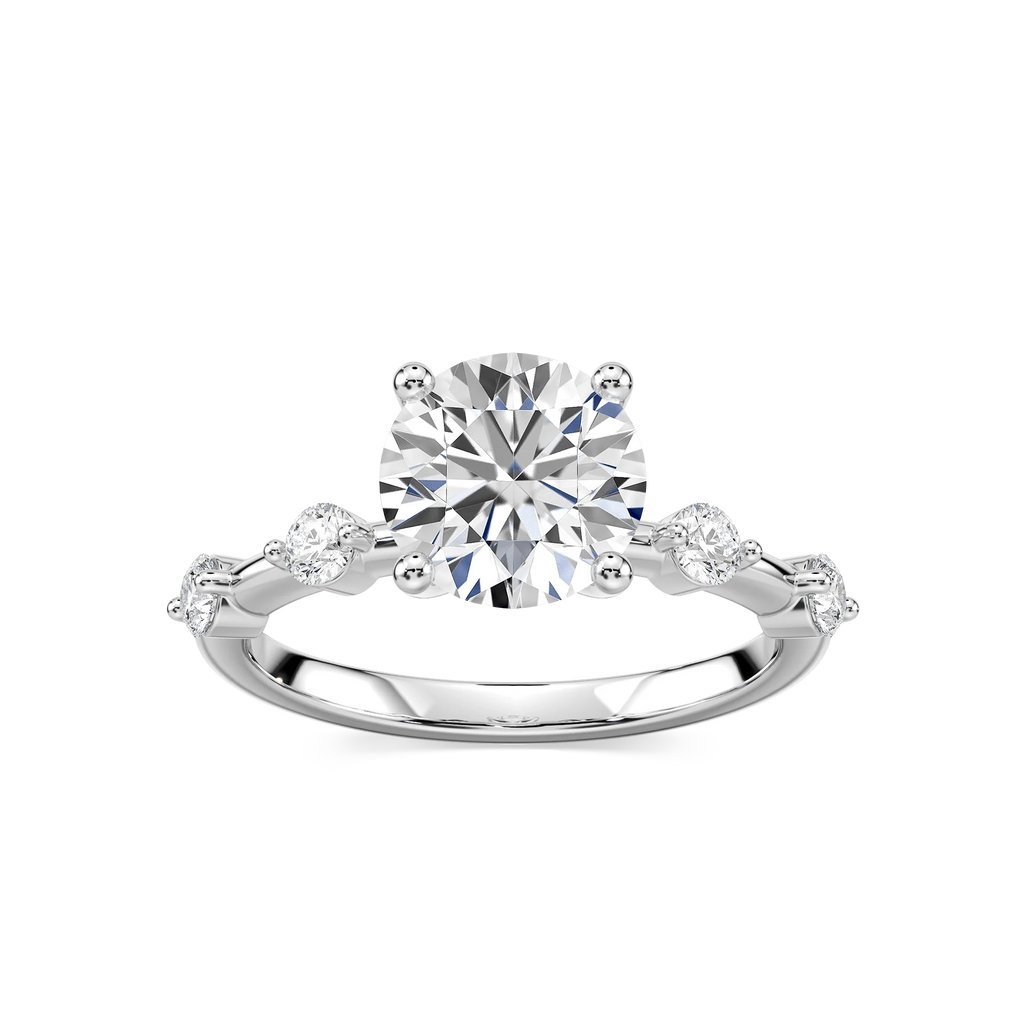 Leah Round LGD Spaced Side Stone Engagement Ring - 14K White Gold