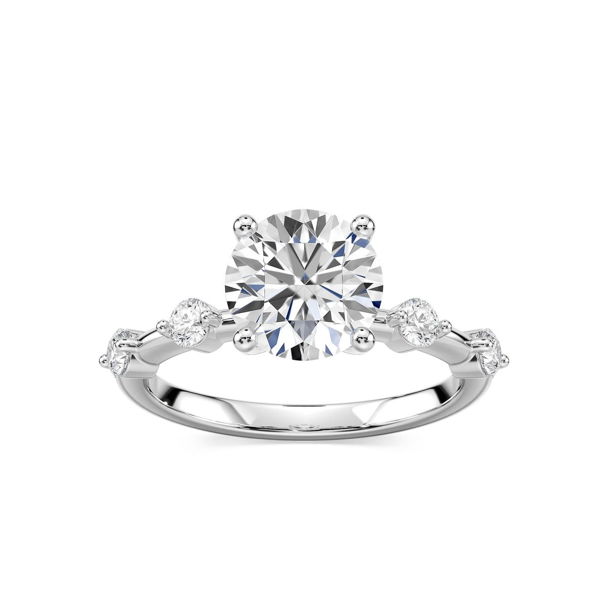 Leah Round LGD Spaced Side Stone Engagement Ring - 14K White Gold
