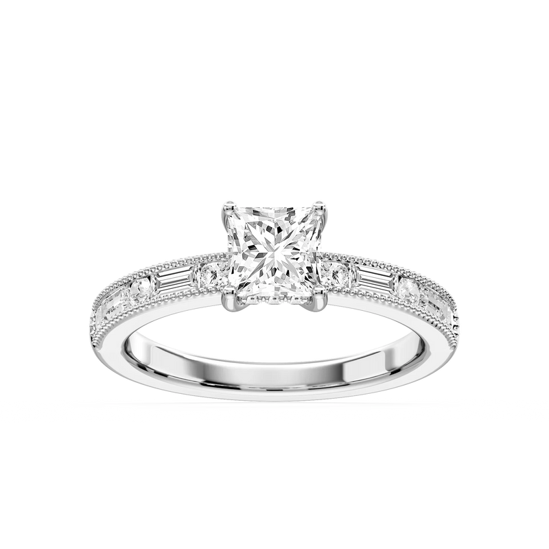 Rhianna Princess LGD Milgrain Channel Hidden Halo Engagement Ring - 14K White Gold / 1 ½ ctw / F-VS2