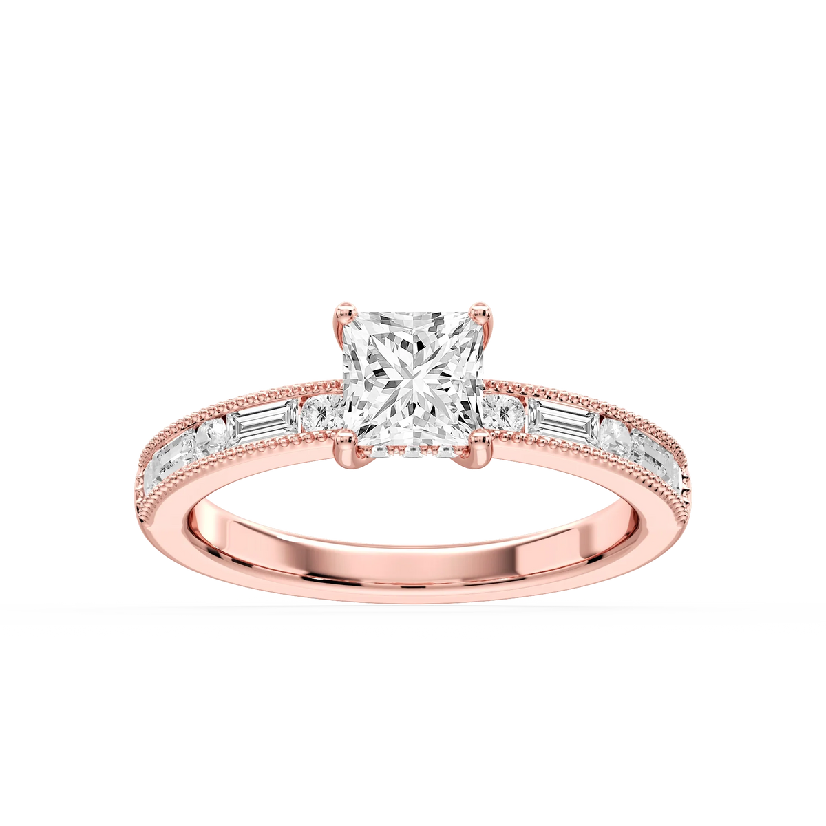 Rhianna Princess LGD Milgrain Channel Hidden Halo Engagement Ring - 14K Rose Gold / 1 ½ ctw / F-VS2