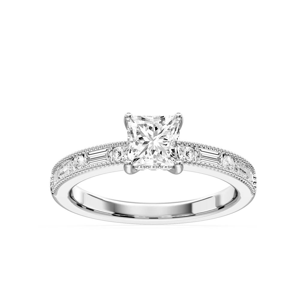 Rhianna Princess LGD Milgrain Channel Hidden Halo Engagement Ring - 14K White Gold / 2 ½ ctw / F-VS2