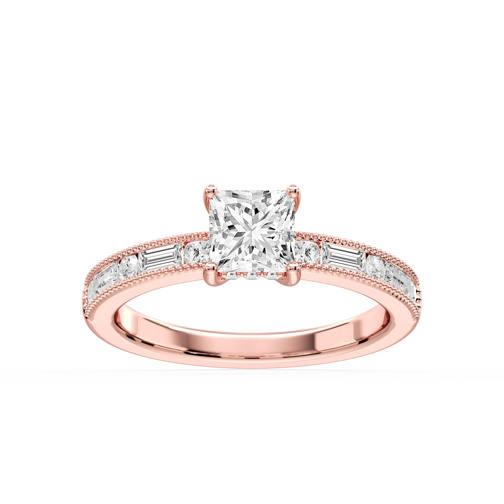 Rhianna Princess LGD Milgrain Channel Hidden Halo Engagement Ring - 14K Rose Gold / 2 ½ ctw / F-VS2