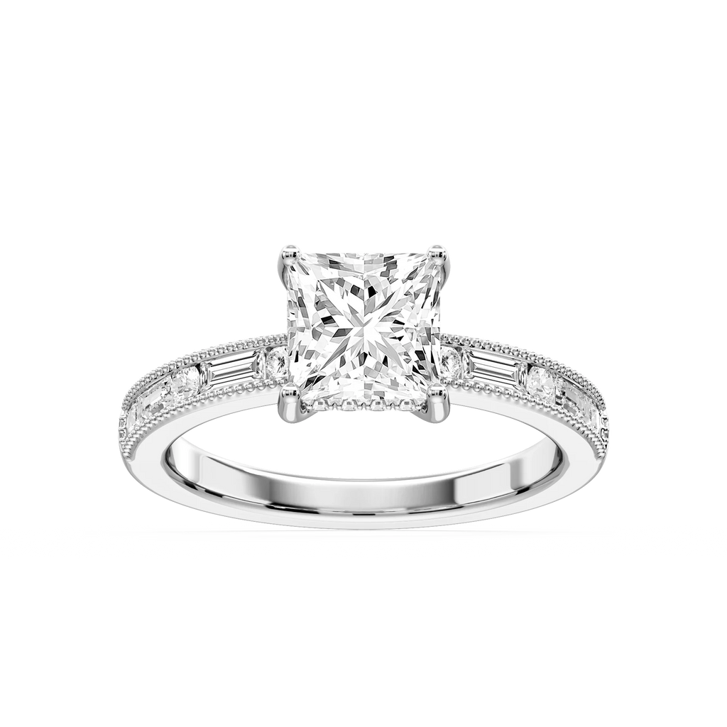 Rhianna Princess LGD Milgrain Channel Hidden Halo Engagement Ring - 14K White Gold / 3 ctw / F-VS2