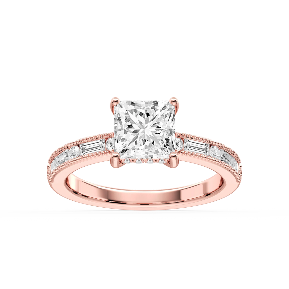 Rhianna Princess LGD Milgrain Channel Hidden Halo Engagement Ring - 14K Rose Gold / 6 ⅝ ctw / F-VS2