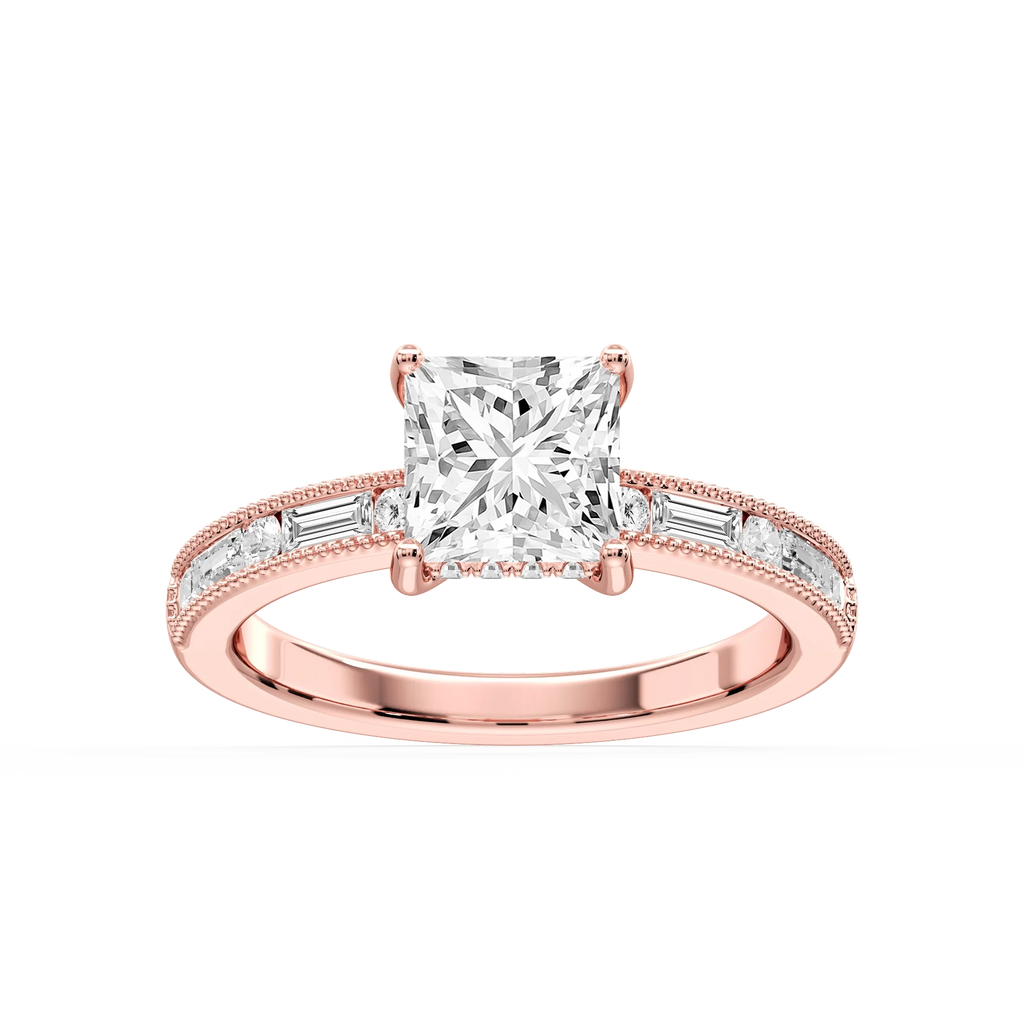 Rhianna Princess LGD Milgrain Channel Hidden Halo Engagement Ring - 18K Rose Gold / 6 ⅝ ctw / F-VS2
