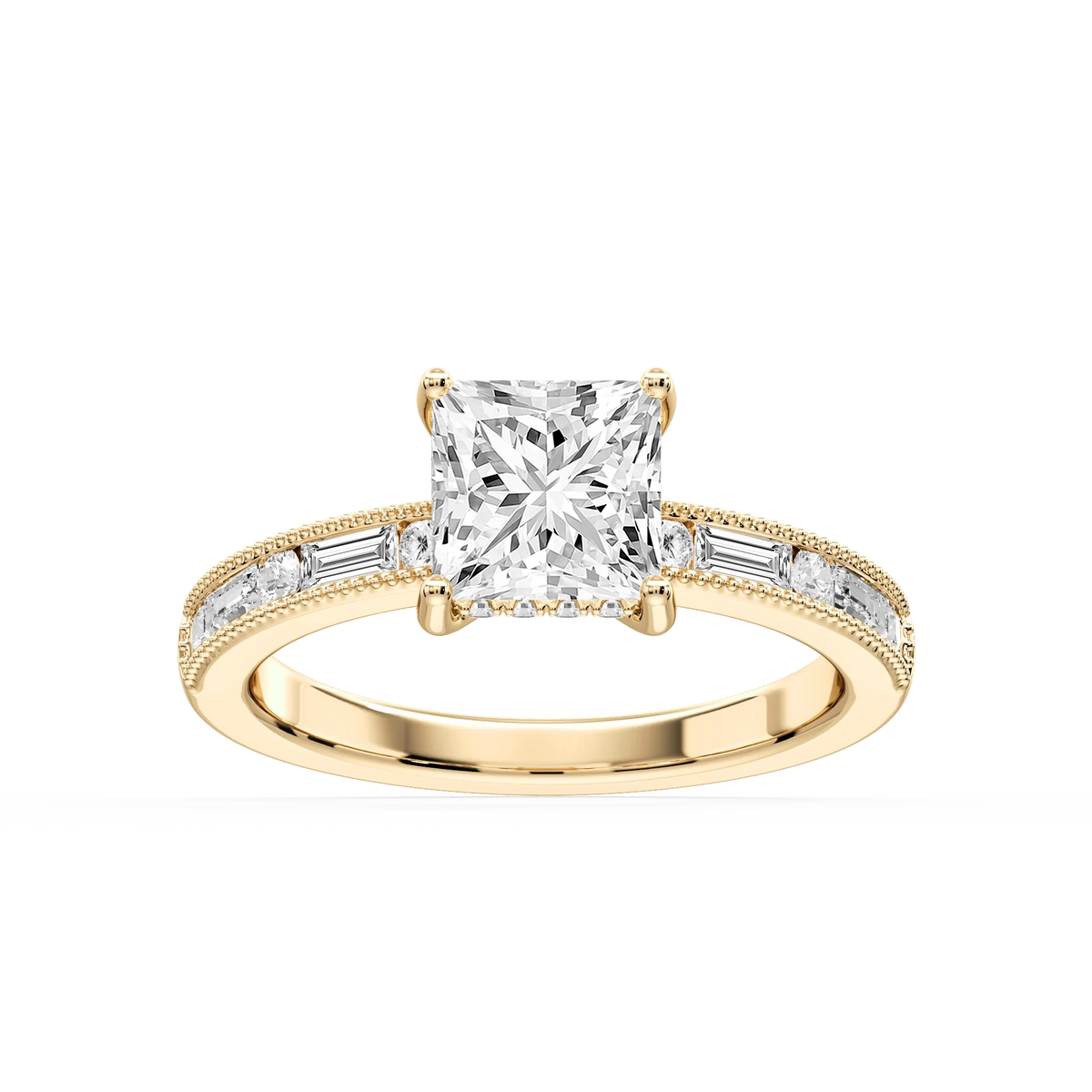 Rhianna Princess LGD Milgrain Channel Hidden Halo Engagement Ring - 14K Yellow Gold / 7 ⅝ ctw / F-VS2