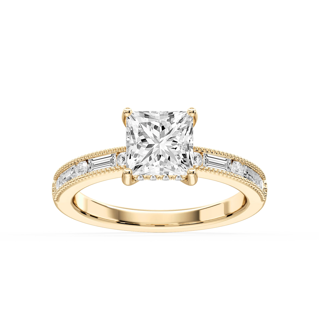 Rhianna Princess LGD Milgrain Channel Hidden Halo Engagement Ring - 18K Yellow Gold / 7 ⅝ ctw / F-VS2