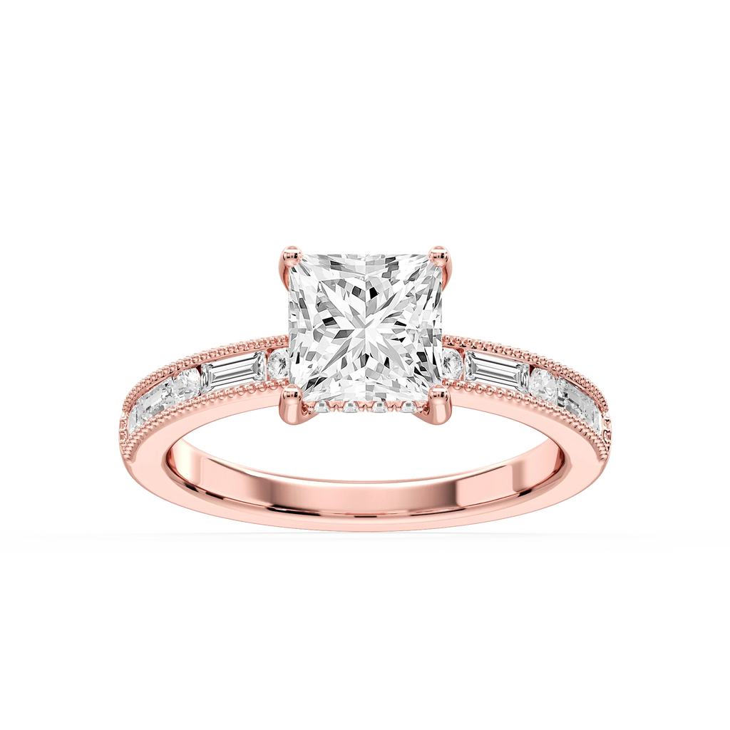 Rhianna Princess LGD Milgrain Channel Hidden Halo Engagement Ring - 18K Rose Gold / 7 ⅝ ctw / F-VS2