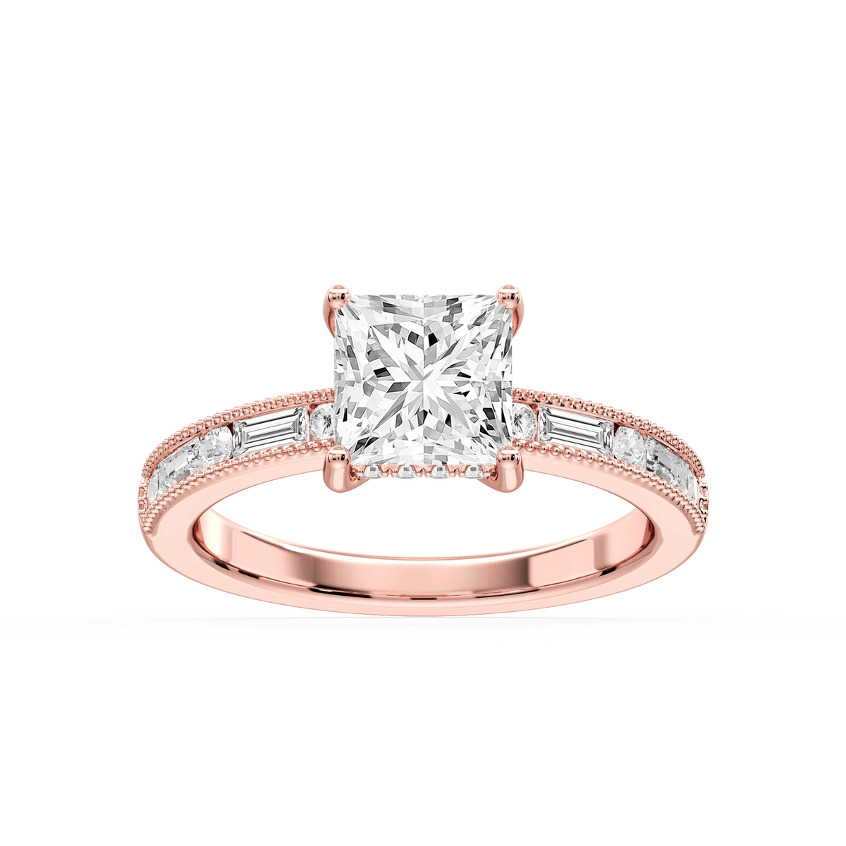 Rhianna Princess LGD Milgrain Channel Hidden Halo Engagement Ring - 18K Rose Gold / 7 ⅝ ctw / F-VS2