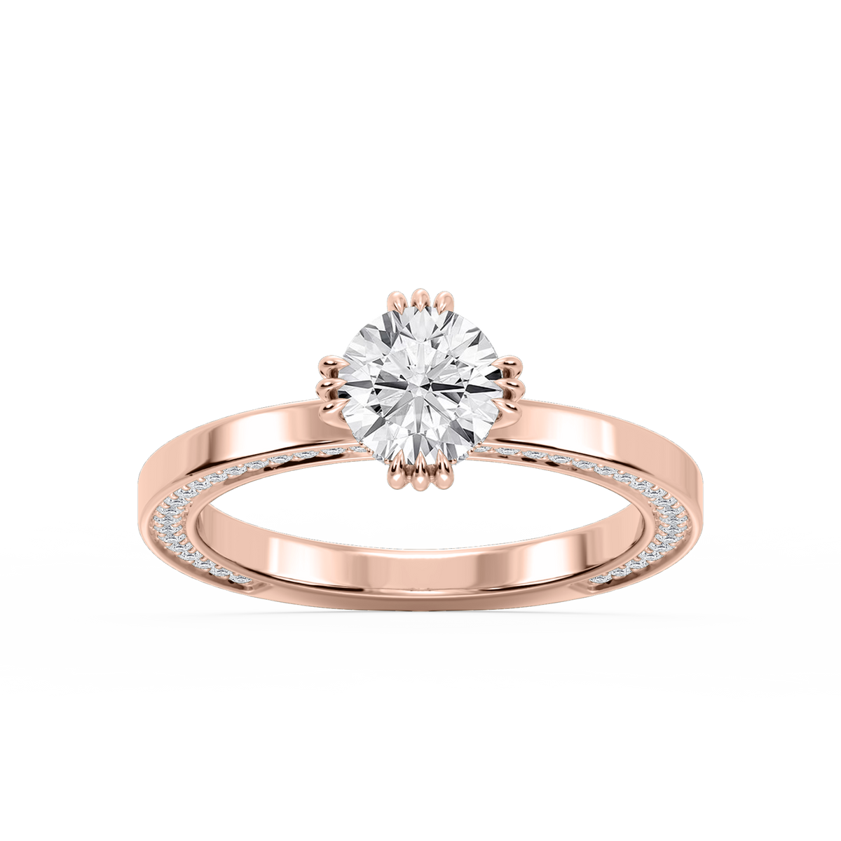 Rose Round LGD Triple Claw Prong Side Stone Engagement Ring - 14K White Gold / 1 ct / F-VS2
