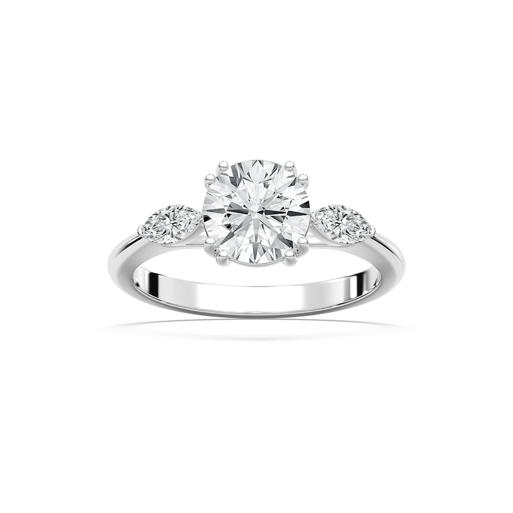 Mirha Round LGD with Marquise Sides Three Stone Engagement Ring - 18K White Gold / 2.0ctw