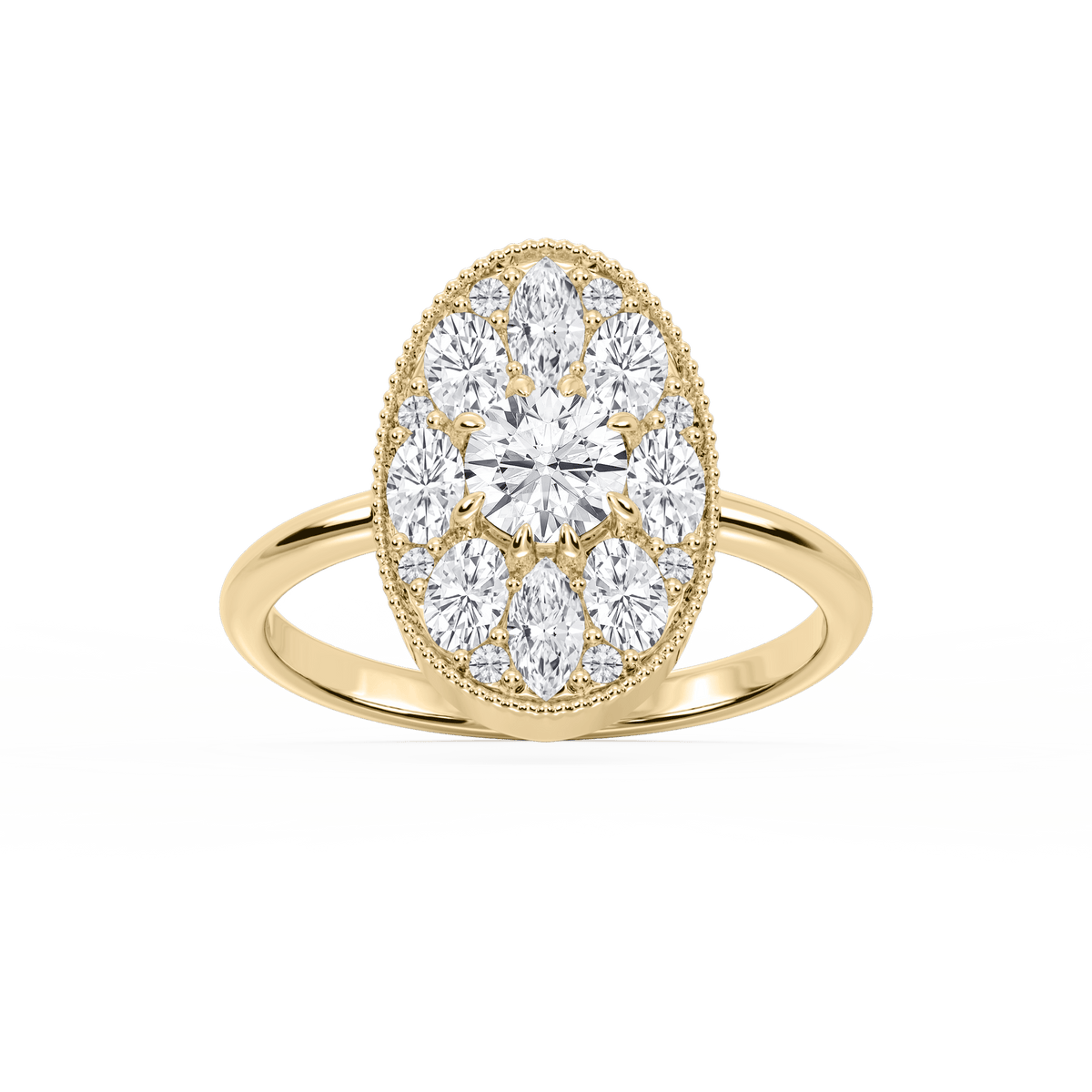 Nellie 1 ⅓ ctw Oval, Marquise, and Round LGD Multi Shape Halo Vintage Promise Ring - 14K Yellow Gold