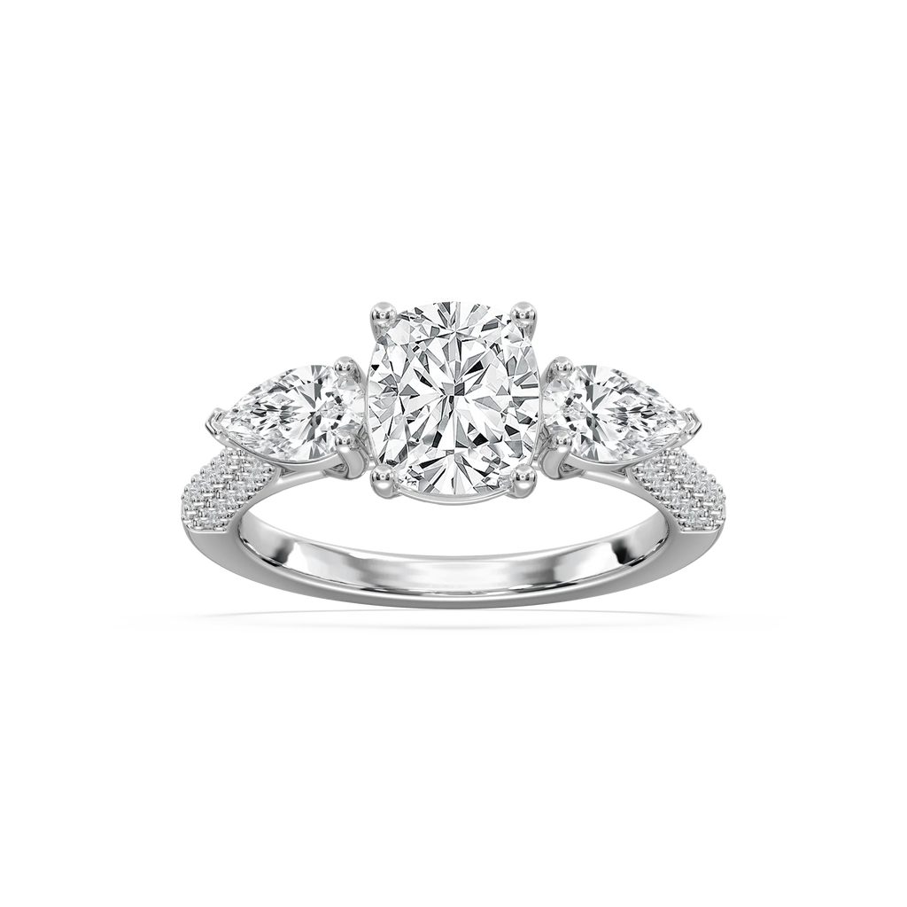 Phoebe 3 ctw Elongated Cushion LGD Pave Three Stone Engagement Ring - 14K White Gold / F-VS2