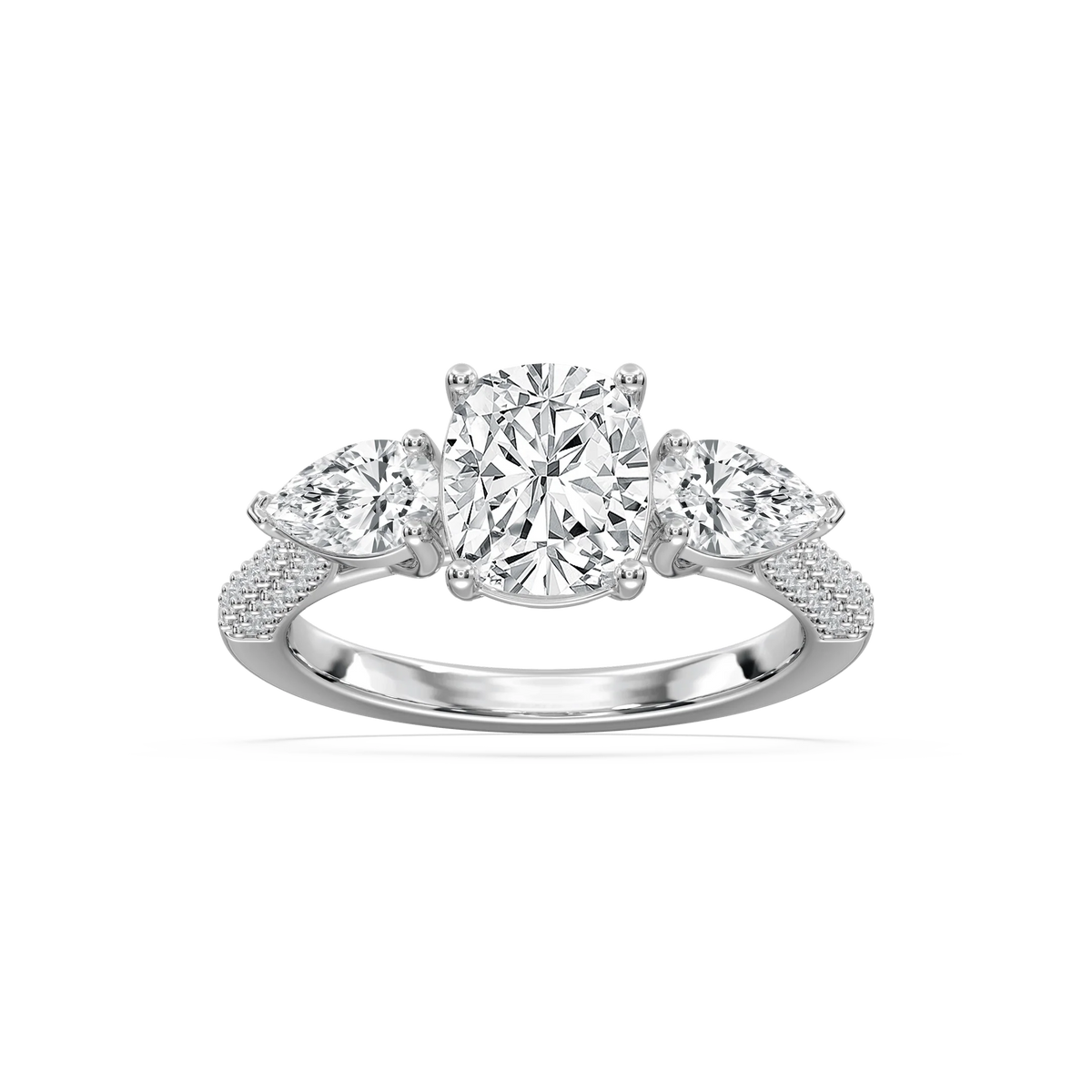 Phoebe 3 ctw Elongated Cushion LGD Pave Three Stone Engagement Ring - 14K White Gold / F-VS2