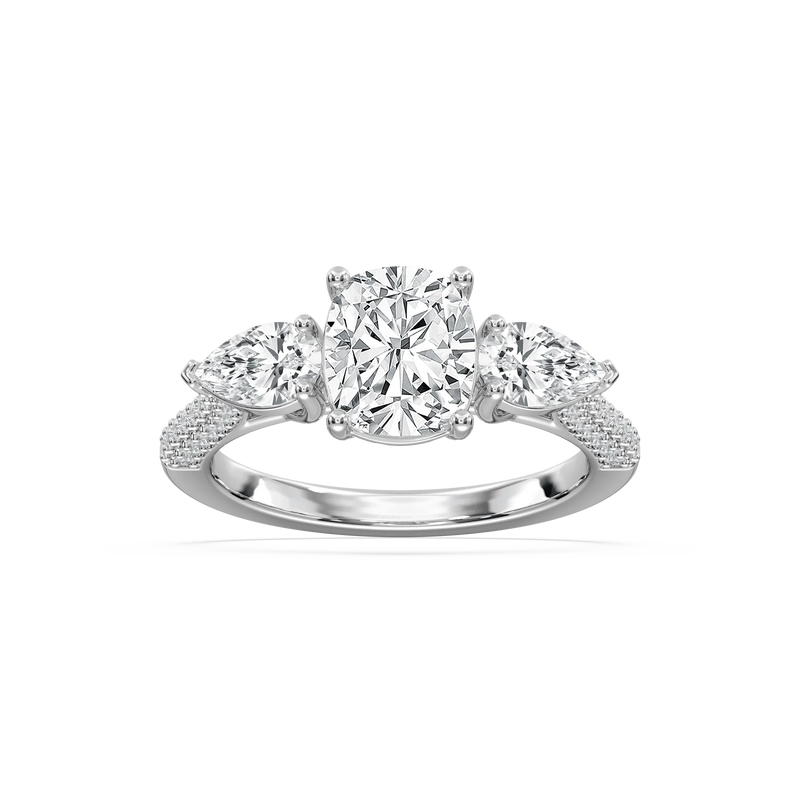 Phoebe 3 ctw Elongated Cushion LGD Pave Three Stone Engagement Ring - 14K White Gold / F-VS2