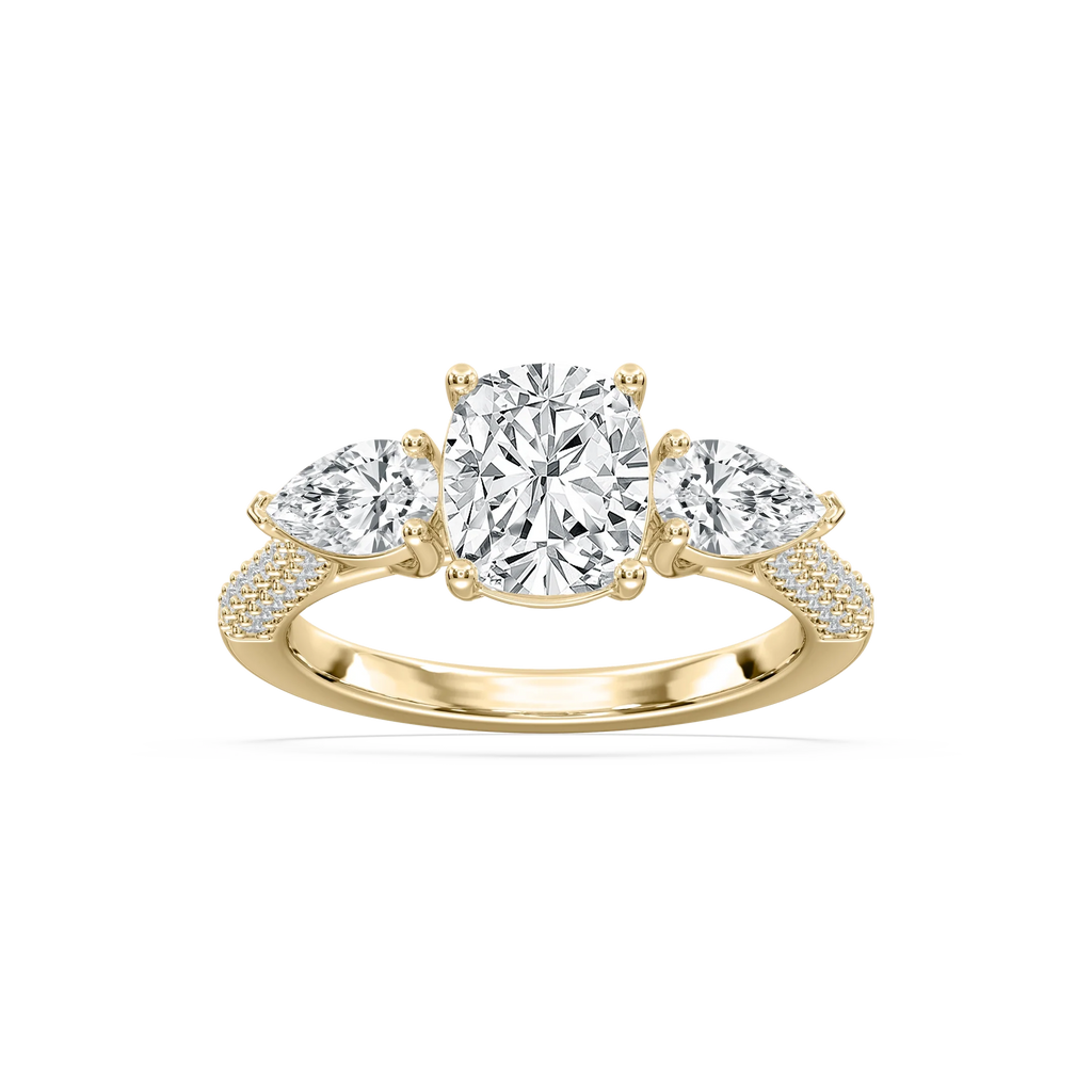 Phoebe 3 ctw Elongated Cushion LGD Pave Three Stone Engagement Ring - 14K Yellow Gold / F-VS2