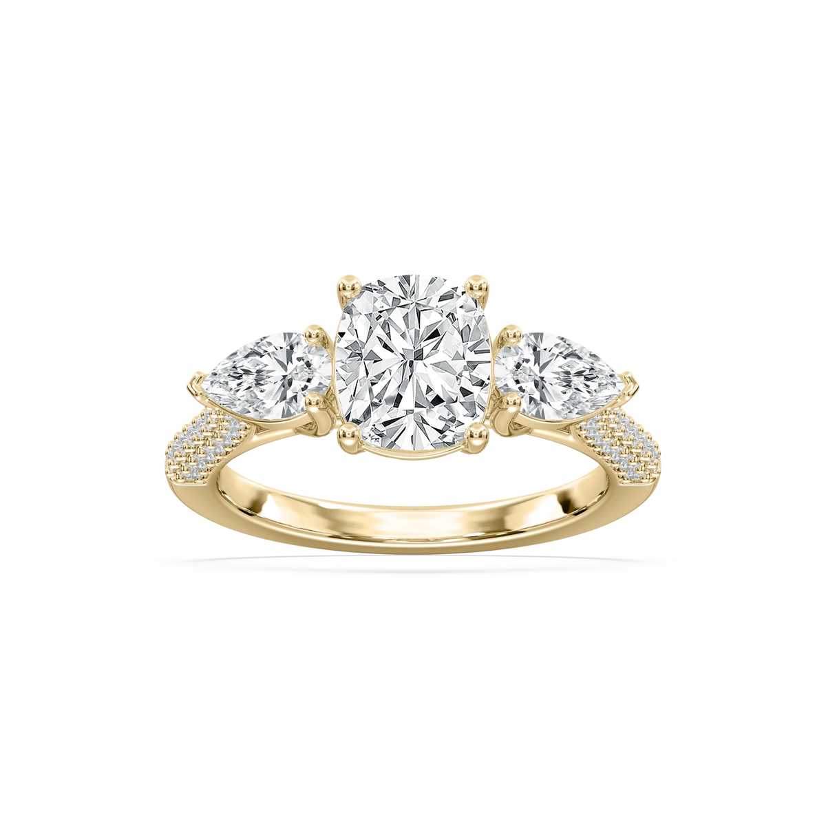 Phoebe 3 ctw Elongated Cushion LGD Pave Three Stone Engagement Ring - 14K Yellow Gold / F-VS2