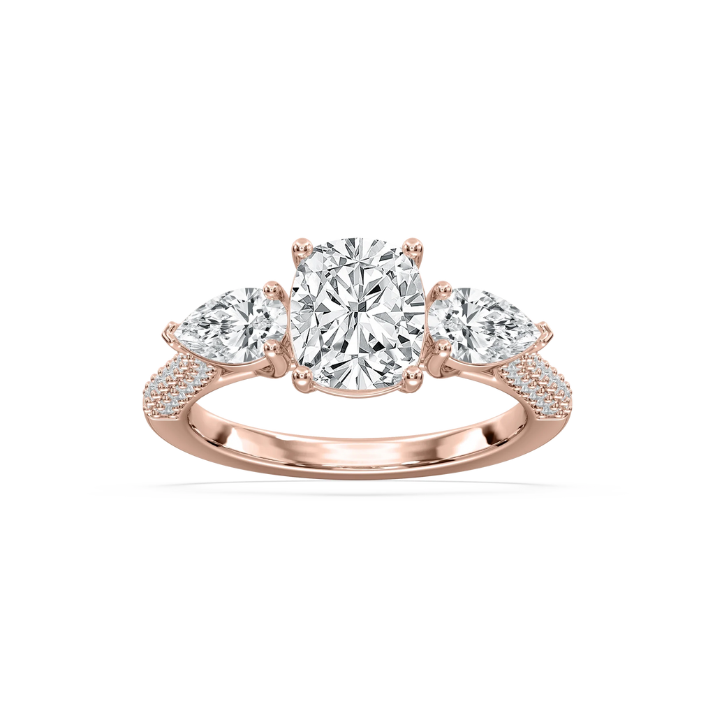Phoebe 3 ctw Elongated Cushion LGD Pave Three Stone Engagement Ring - 14K Rose Gold / F-VS2