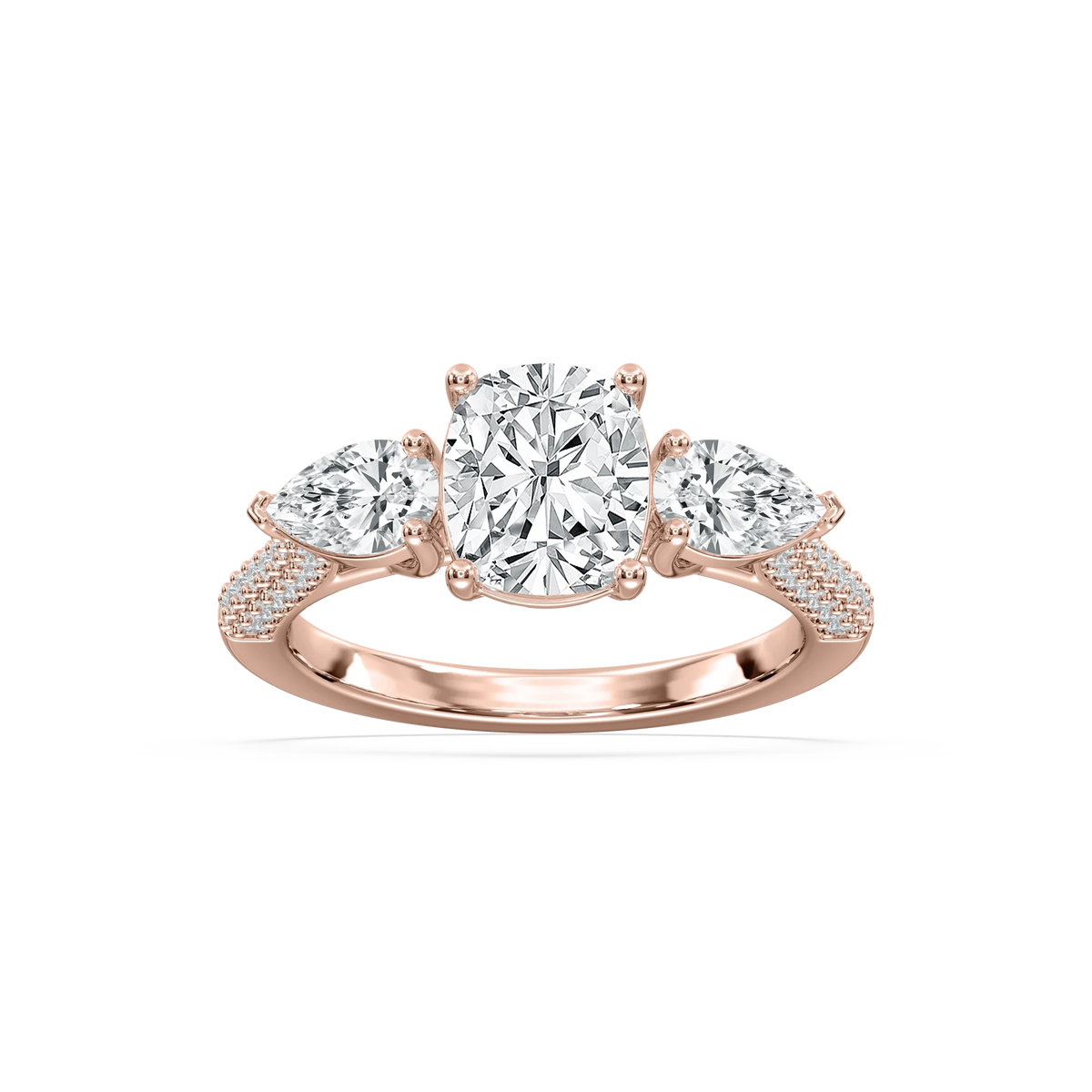 Phoebe 3 ctw Elongated Cushion LGD Pave Three Stone Engagement Ring - 14K Rose Gold / F-VS2