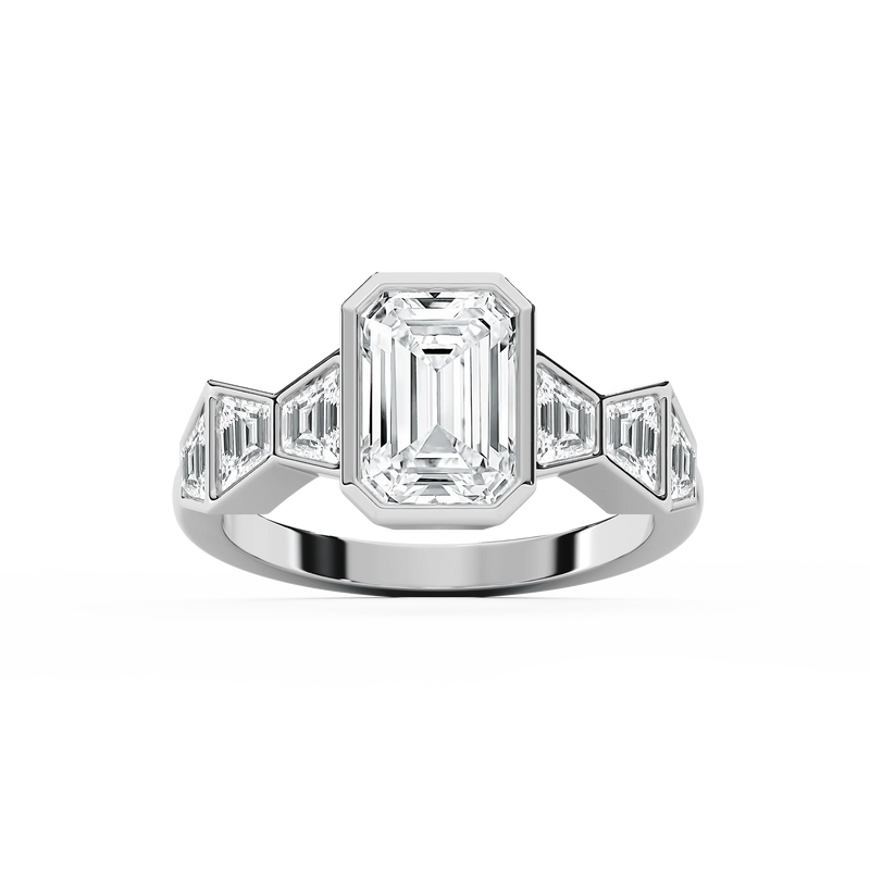 Rylie 3 ¾ ctw Emerald LGD Bezel Side Stone Engagement Ring - 14K White Gold / F-VS2