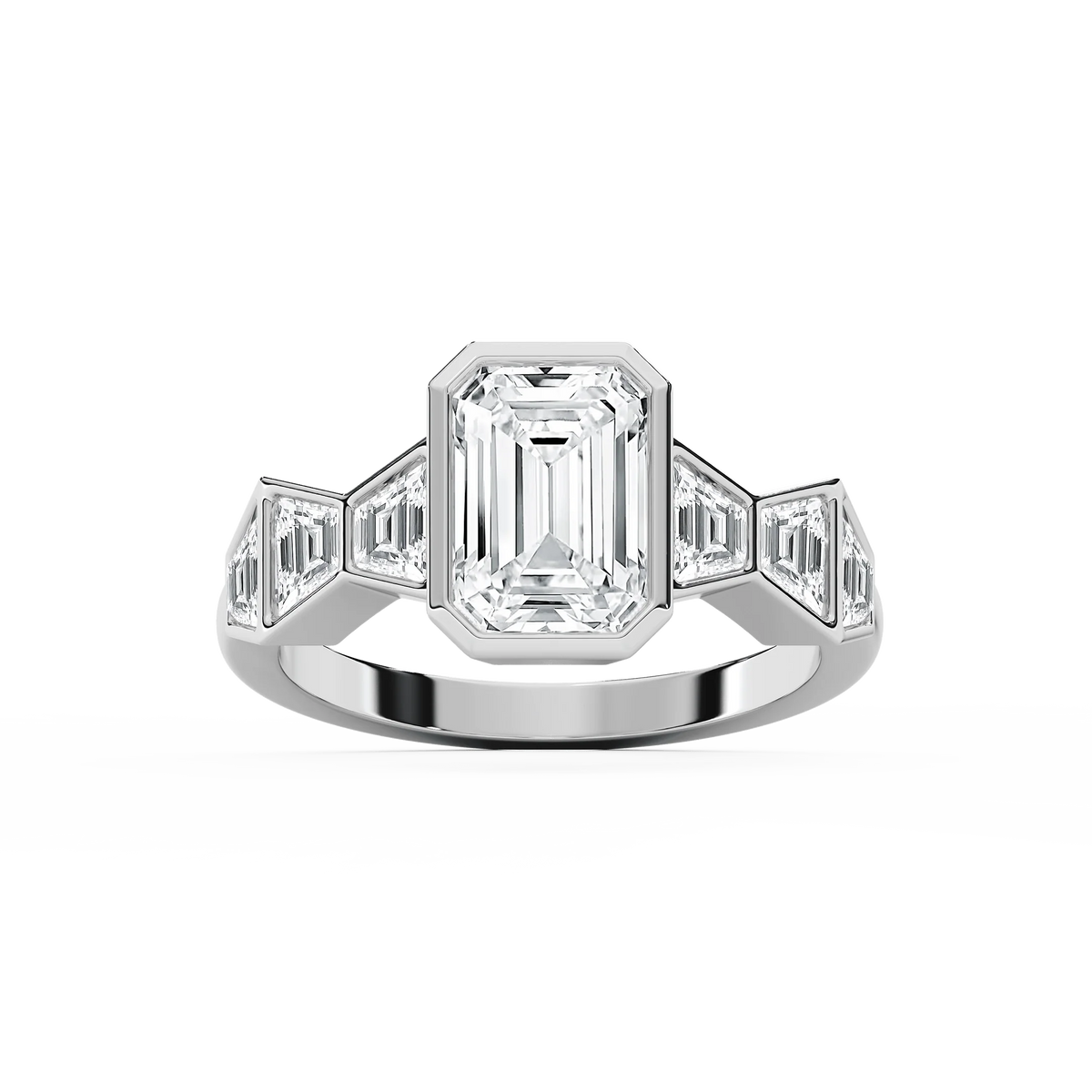 Rylie 3 ¾ ctw Emerald LGD Bezel Side Stone Engagement Ring - 18K White Gold / F-VS2