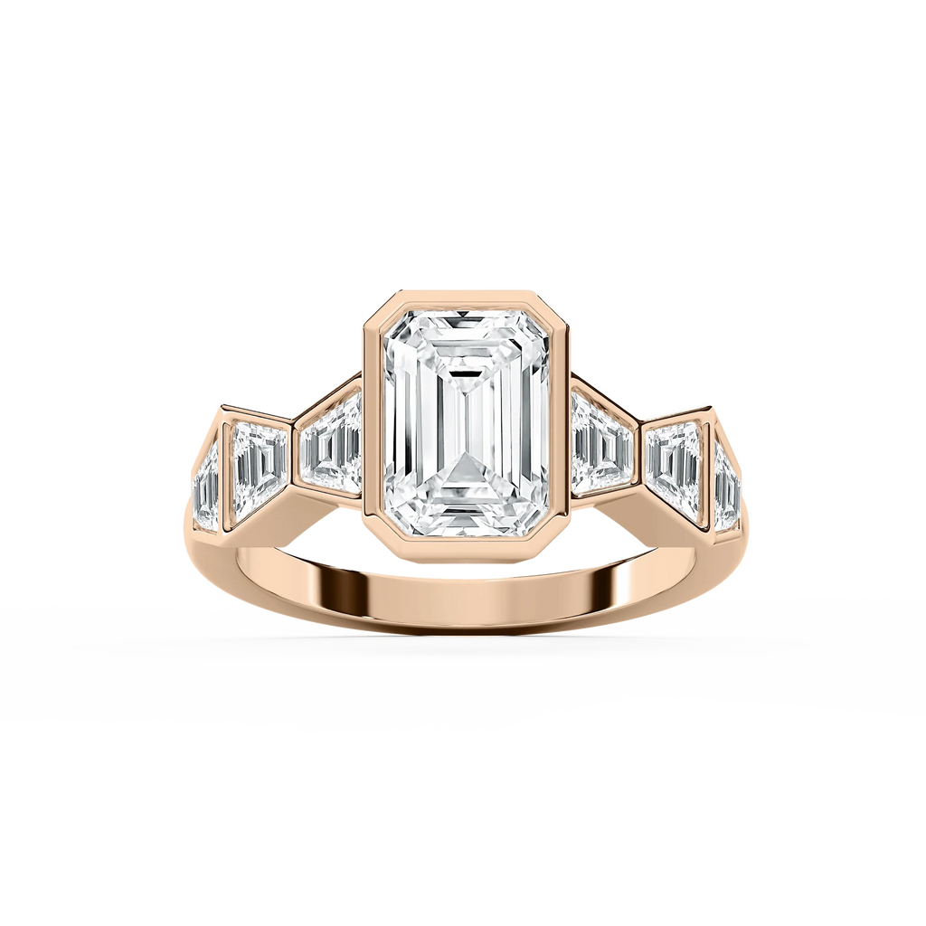 Rylie 3 ¾ ctw Emerald LGD Bezel Side Stone Engagement Ring - 14K Rose Gold / E-VS1